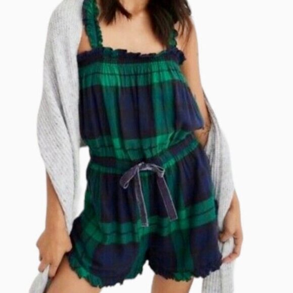 BOGO NWT Aerie Sleepwear Pocket Romper Green & Blue Plaid Size Small - Picture 1 of 7